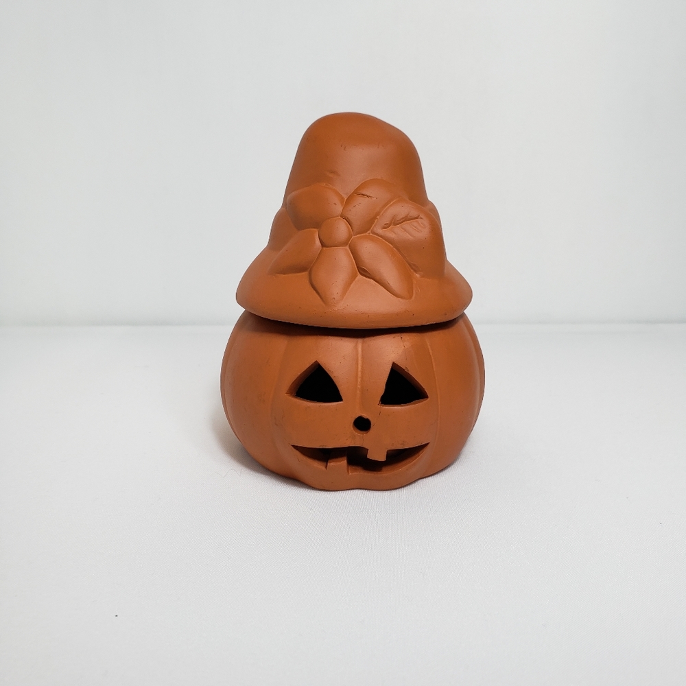 Vintage Terracotta Jack O Lantern Pumpkin Candle Holder With Lid 5"H - Picture 2 of 14
